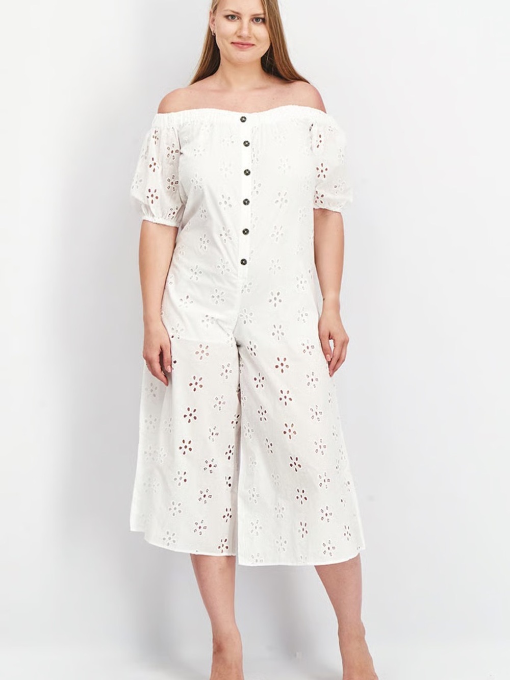 ASOS White Off-Shoulder Eyelet Button Front Jumpsuit US 6